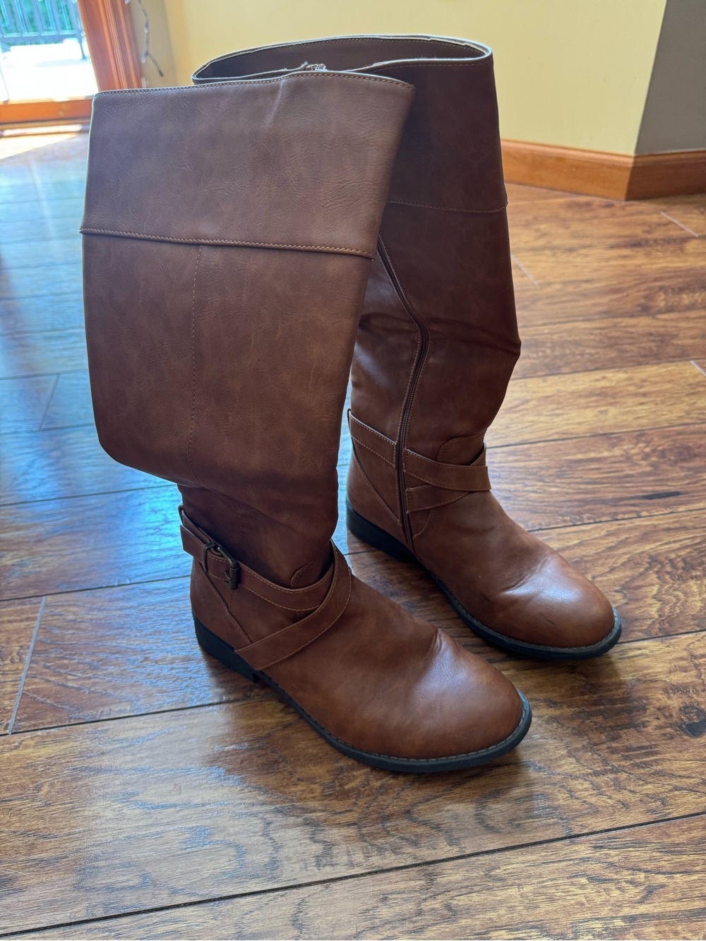 Vepose Chestnut Brown Faux Fold-Over Mid-Calf Buckle Wedge Boots